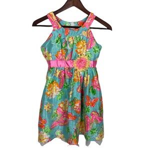 Holiday Editions Blue Orange Pink Spring Floral Tie Sleeveless Dress Girls Large
